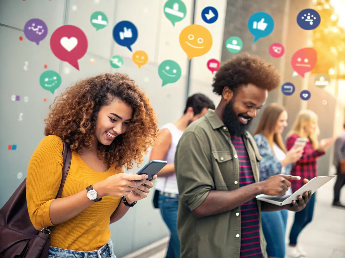 A vibrant image depicting a team collaboratively managing various social media platforms on multiple devices, showcasing content creation, scheduling, and engagement analysis.