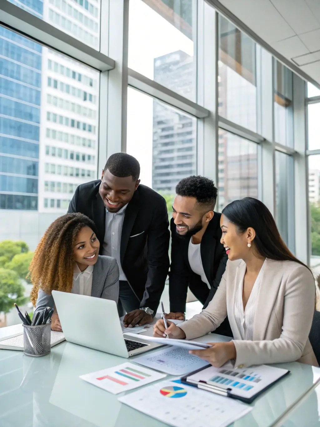 An image of a diverse team collaborating in a modern office setting, brainstorming and strategizing for digital marketing campaigns, representing the collaborative and innovative approach of Cane’s Advertising Solution Partnership.