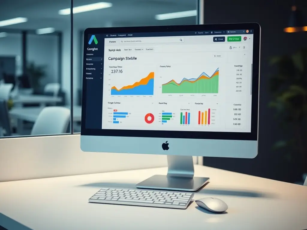 An image showing a dashboard with Google Ads metrics, including impressions, clicks, and conversion rates, highlighting the optimization and performance analysis involved in Google Ads management.